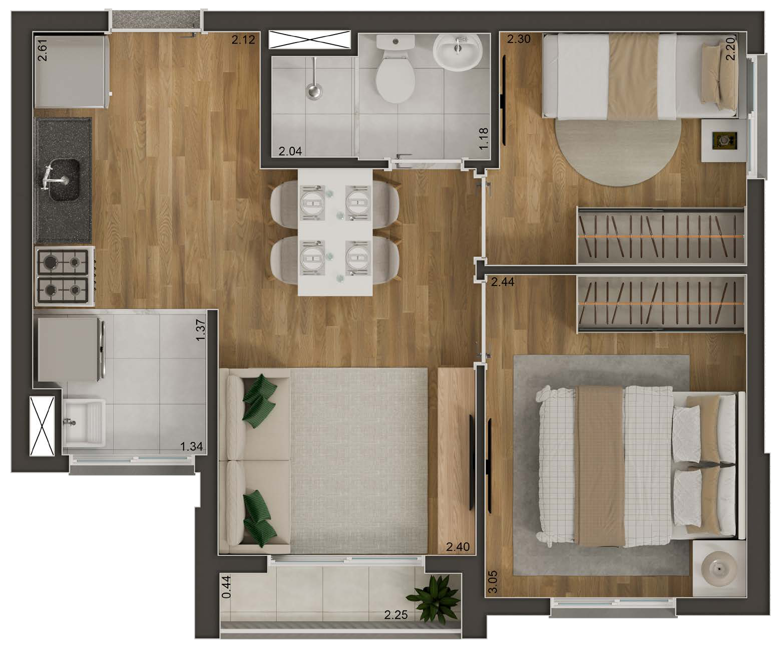 Planta de 37,30m² privativos